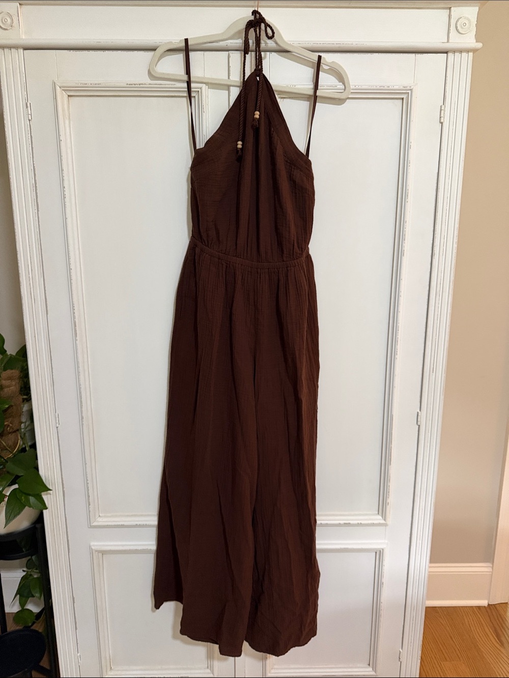 Aerie Gauzy Halter Jumpsuit in espresso Brown with Beaded Tie